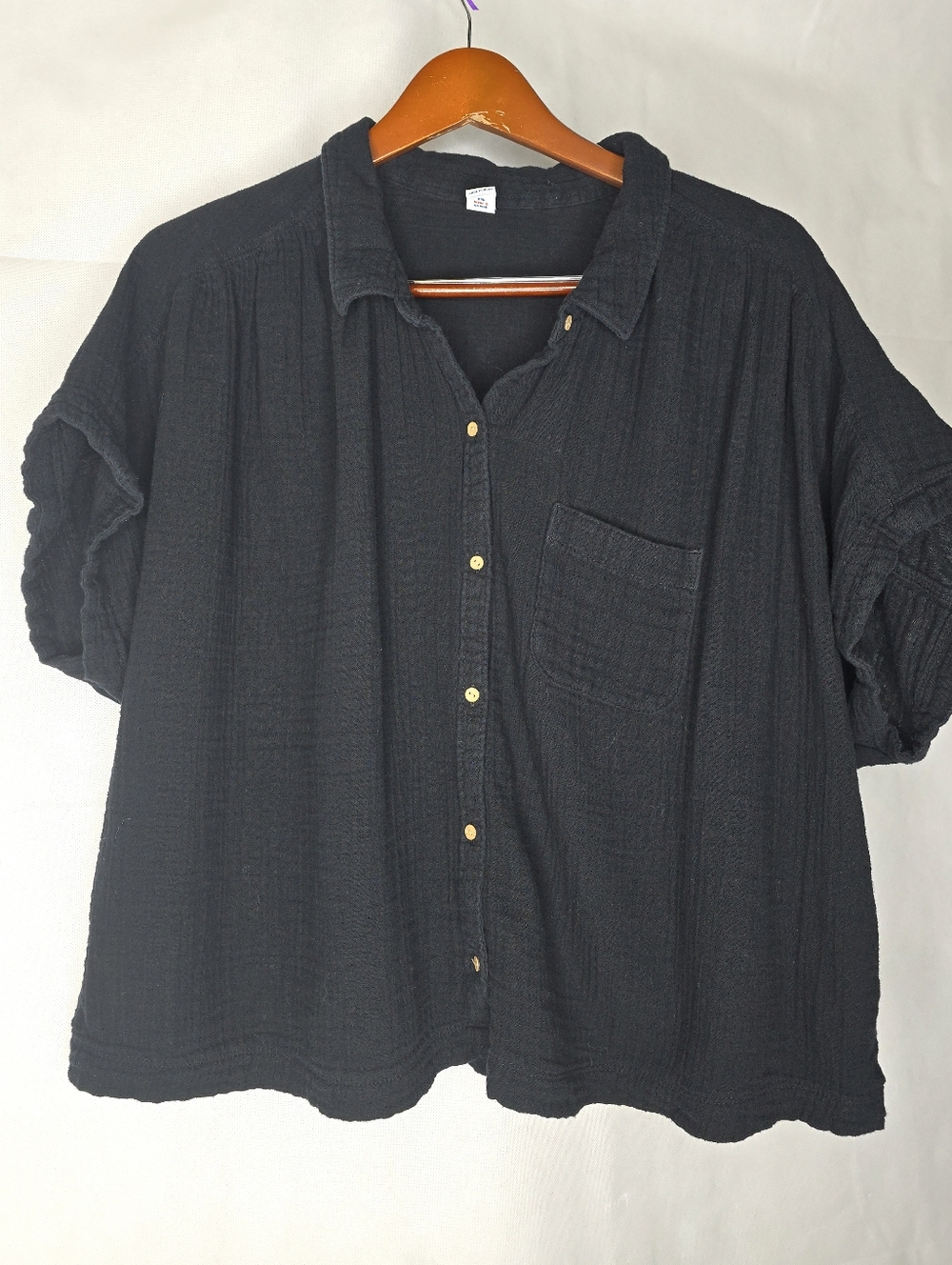 Old Navy Gauze Cotton Top Black Short Sleeve Button Front Relaxed Fit XL